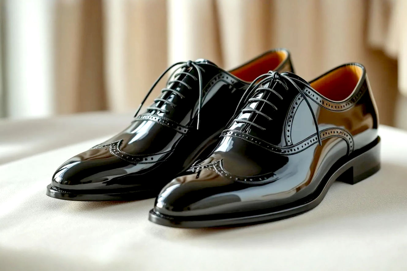 Professional photography style, high-resolution image of a pair of women's black patent leather brogue shoes, perfectly polished and reflecting light, placed elegantly on a light-colored, subtly textured surface. The background is softly blurred with a hint of a modern, minimalist wardrobe or a stylish dressing area. The lighting is soft and even, highlighting the glossy finish and intricate broguing details. There are no models, just the shoes as the central focus. The image should convey sophistication, quality, and timeless style.