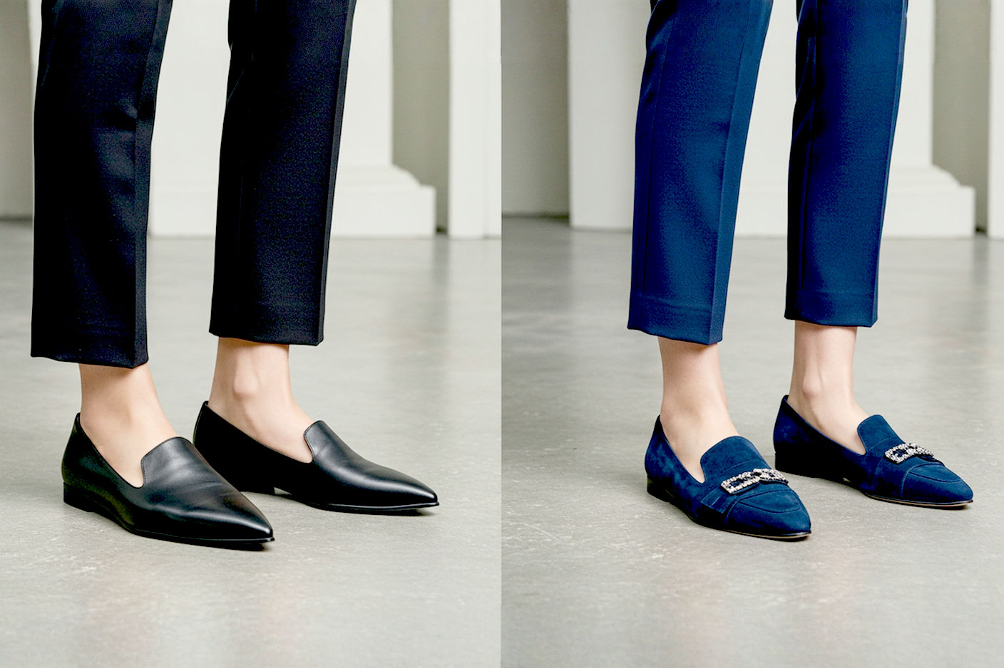 A visually striking split image presented in a high-fashion editorial photography style. The left side features a woman from the waist down, elegantly dressed in tailored black trousers, with a focus on her feet wearing sleek, pointed-toe black flat formal shoes. The right side, seamlessly integrated, shows another woman from the waist down, wearing a sophisticated navy blue suit, with a clear focus on her feet adorned in matching navy formal flats. The background of both sides should be a blurred, sophisticated office or modern architectural setting, maintaining a consistent, refined aesthetic. The lighting should be soft, natural, and flattering, highlighting the textures and subtle differences in the shoe colors. The overall image should be lifelike, realistic, and impactful, clearly illustrating the comparison between black and navy formal footwear.
