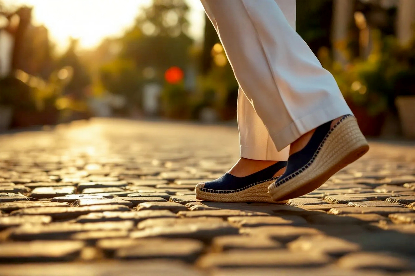 Lifelike pro photography of a stylish woman from the knee down, walking on a sun-drenched cobblestone street. She is wearing elegant navy blue espadrille wedges and crisp, wide-leg white linen trousers. The shot is a dynamic low-angle, focusing on the texture of the wedges and the movement of the trousers. The lighting is warm golden hour, creating soft shadows and a luxurious feel. The background is softly blurred, emphasizing the shoes as the centerpiece. The overall mood is chic, effortless, and aspirational.