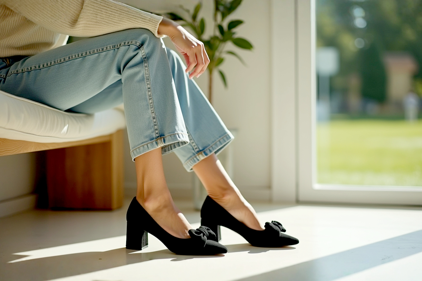 Lifelike professional fashion photography, full body shot with a focus on the feet. A stylish woman is sitting on a modern, minimalist bench in a bright, airy sunroom. She is wearing light-wash, straight-leg denim jeans (cropped to the ankle) and a simple cream-colored cashmere sweater. On her feet are a pair of elegant, black suede block heels with a perfectly tied, medium-sized bow on the front. The lighting is soft and natural, highlighting the texture of the suede and the clean lines of the shoe. The mood is chic, effortless, and timeless. Shot with a shallow depth of field, blurring the background slightly to draw attention to the shoes. High-resolution, hyper-realistic detail.