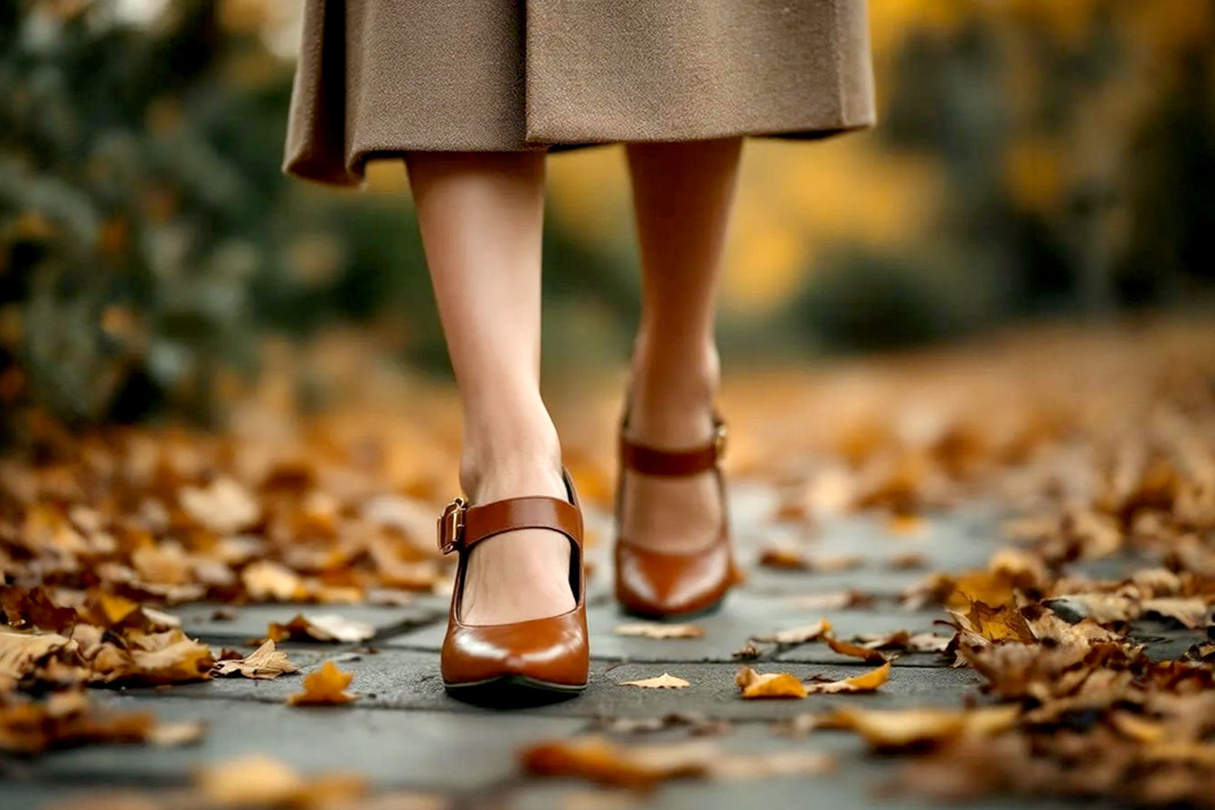 Lifelike pro photography style image of a stylish woman's lower half, featuring her feet adorned in elegant, mid-heel brown leather slingbacks. She is walking on an autumnal path with fallen leaves, hinting at crisp weather. Her outfit suggests fall fashion, perhaps a tweed skirt or tailored trousers. The lighting is soft, warm, and natural, evoking a cozy autumn afternoon. The focus is on the shoes and their harmonious integration with the seasonal setting, with a shallow depth of field to emphasize the footwear.
