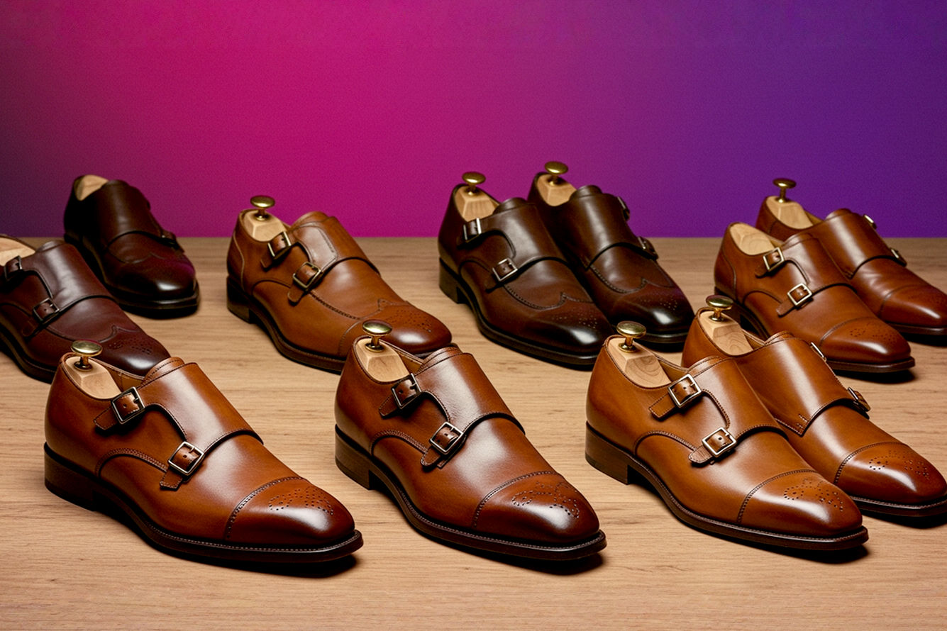 High-resolution, lifelike professional photography of a diverse collection of brown leather monk strap shoes on a natural wooden surface. Include single, double, and triple monk strap styles in various shades of brown (tan, cognac, dark chocolate), showcasing different leather textures (smooth calfskin, subtly textured full-grain, soft suede). The lighting should be soft, directional, and highlight the rich tones and buckle details. The background should be subtly blurred, suggesting a refined, classic dressing room or luxury retail setting. Focus on composition that emphasizes the shoes' elegance and versatility.