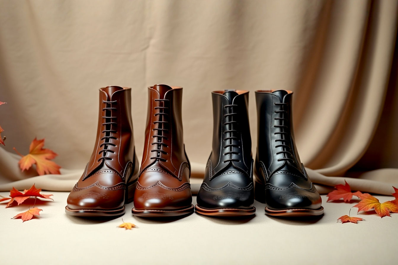 Lifelike professional photography style, a pair of elegant women's brogue boots side by side on a neutral, subtly textured background. One boot is a rich, dark brown leather, and the other is a sleek, polished black leather. The boots are slightly angled to showcase their intricate broguing details. Soft, studio lighting creates gentle shadows and highlights the leather's quality. There are subtle hints of autumn leaves or a tailored fabric in the background to suggest versatility. Focus on high detail and natural colors, suitable for a fashion article.