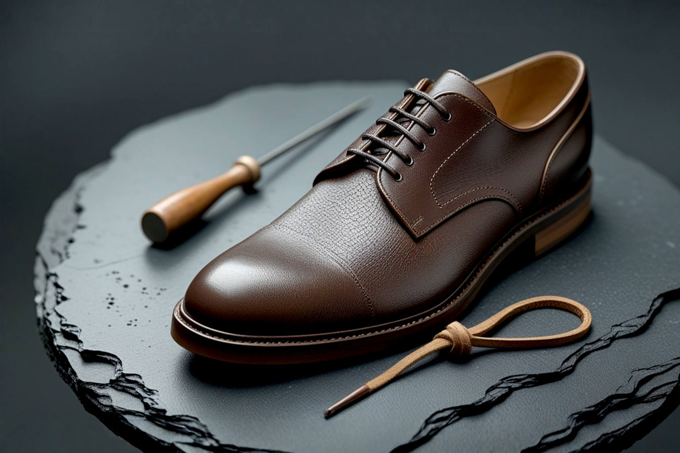 A professional, hyper-realistic product photograph of a single men's classic Derby shoe, shot at a slightly angled overhead perspective. The shoe is crafted from a rich, dark brown full-grain leather, with the subtle texture and natural grain clearly visible. Soft, dramatic studio lighting highlights the shoe's form and the perfectly even stitching along the Goodyear welt. One of the waxed cotton laces is undone and rests elegantly on a dark, textured slate surface. In the soft-focus background, a few traditional shoemaker's tools, like a wooden-handled awl and a burnishing iron, hint at the craftsmanship involved. The overall mood is sophisticated, timeless, and artisanal.
