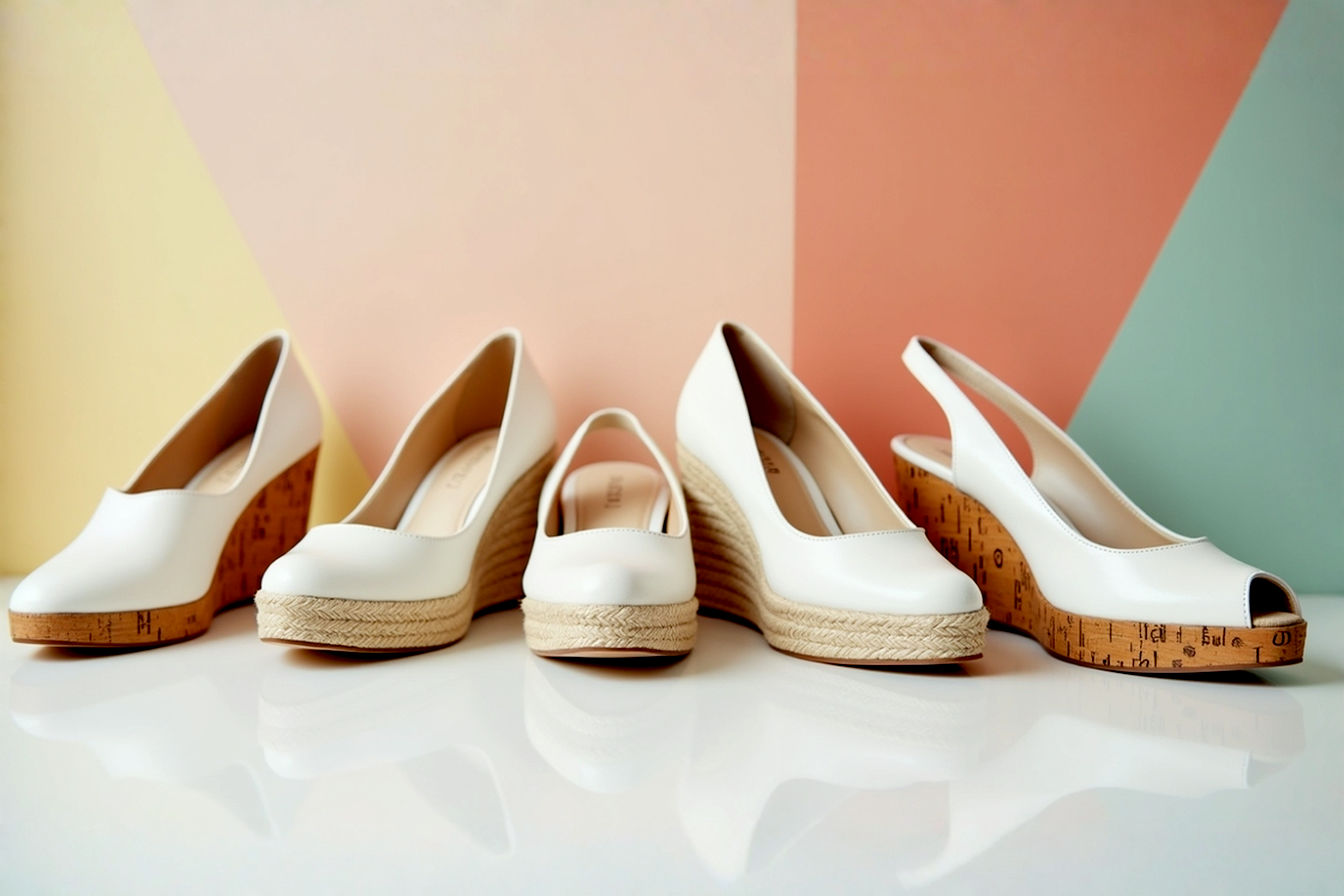 A flat lay professional studio shot of various women's white wedge heels on a clean, light background. Include different styles like espadrille, cork, and sleek leather wedges. Some shoes should be angled to show details like stitching and sole texture. Soft, natural lighting. High resolution, clean, modern aesthetic.