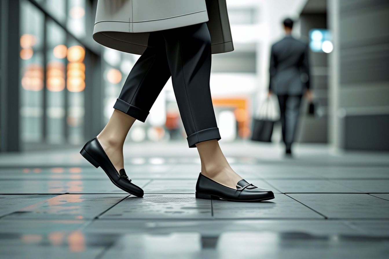 Professional photography style image featuring a stylish woman walking confidently, showcasing her chic flat black dress shoes. She could be wearing a sophisticated outfit that blends professional and casual elements, like tailored trousers with a soft blouse and a trench coat. The setting should be an elegant urban street or a modern office lobby. The lighting should be soft and natural, highlighting the texture and design of the shoes, with a slightly blurred background to keep the focus on the fashion. The overall mood should be confident, comfortable, and effortlessly stylish, capturing the essence of versatility and chicness.