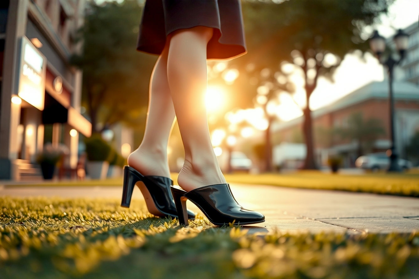 Lifelike pro photography of a stylish woman confidently walking in elegant, well-fitting high-heel mule shoes on a city street during the golden hour. The image should capture her graceful stride, showcasing the comfortable and chic appearance of her mules. Focus on the shoes and her feet in a natural, unstrained pose, implying comfort and good fit. The background is a soft-focus urban setting, possibly with blurred architectural details or a hint of a cafe. The lighting is warm and inviting, highlighting the texture and quality of the shoes.