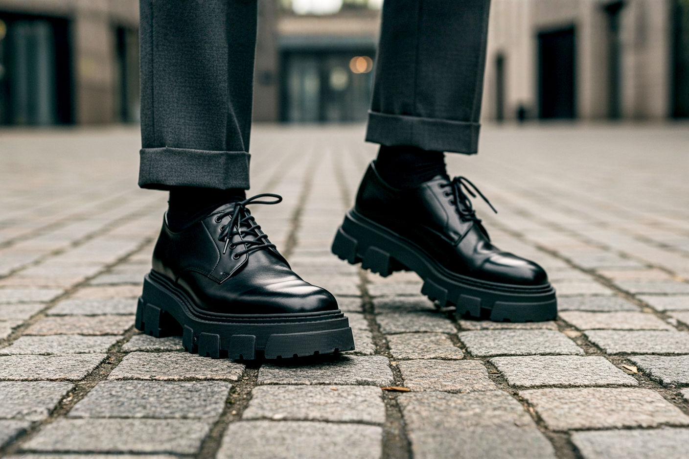 Professional, high-resolution photography of a person, mid-stride, wearing sleek, black leather chunky Derby shoes with a pronounced lug sole. The focus is on the shoes and the lower part of the outfit. The setting is a modern urban environment, perhaps a cobblestone street or a minimalist concrete walkway, with soft, natural daylight. The outfit is smart-casual, featuring well-tailored, slightly cropped trousers in a dark neutral color (e.g., charcoal grey or navy). The overall mood is confident and stylish, emphasizing the blend of classic and contemporary elements of the chunky Derby. Include subtle depth of field to make the shoes pop, and ensure realistic textures and lighting. Pro lighting setup, commercial fashion photography style.