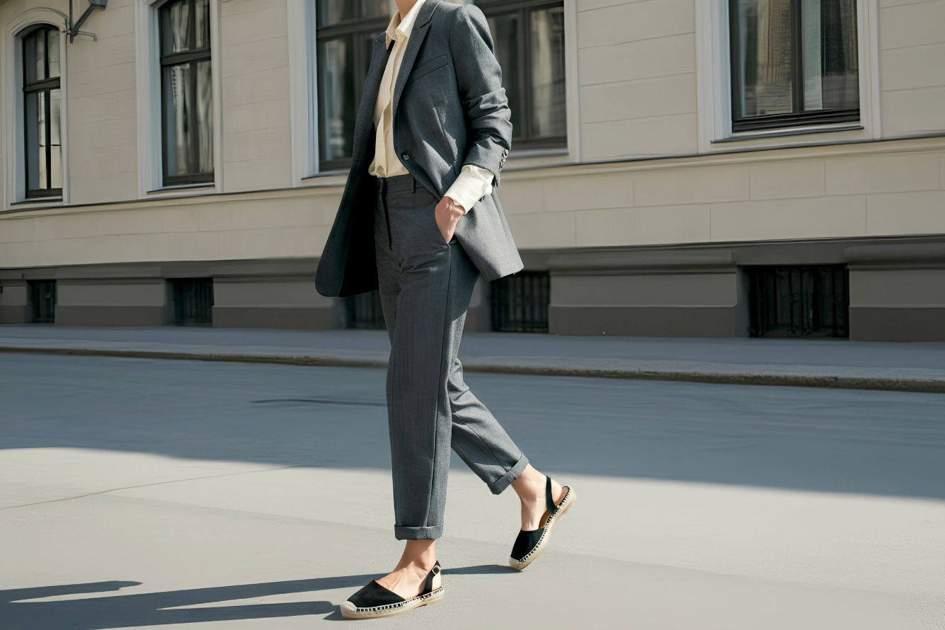 A sophisticated woman walking confidently down a clean, modern city street, not a beach. She is wearing stylish slingback espadrilles in a neutral color (like black leather or tan suede). Her outfit is a chic, tailored ensemble, possibly tailored trousers and a crisp blouse, or a smart blazer with dark denim. The lighting is bright and natural, capturing a high-fashion editorial quality. The focus is on the shoes and the overall polished urban look. The background should be blurred city architecture, suggesting a bustling but elegant environment. Professional photography style, realistic, lifelike.