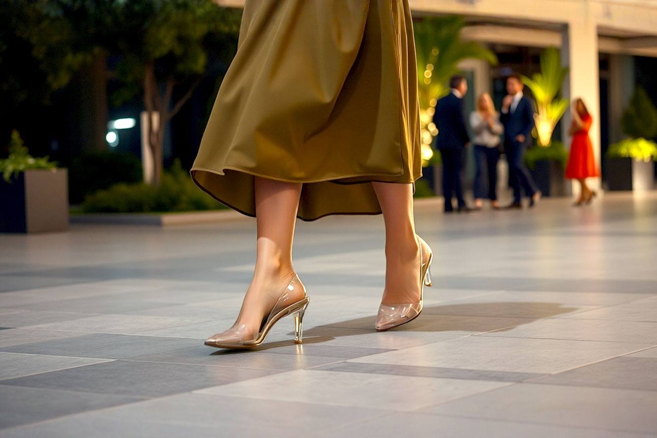 Professional fashion photography style, high-resolution, lifelike image. A stylish woman, mid-20s to early 30s, with a sophisticated, confident expression, is walking on a sleek, minimalist urban street or a modern gallery floor. She is wearing elegant clear kitten heels that subtly catch the light, paired with a chic, flowy midi dress in a muted, stylish color (e.g., olive green, burnt orange, or deep blue) or tailored, cropped trousers. Her feet are perfectly pedicured. The focus is on the shoes and their seamless integration with her outfit and the environment, emphasizing the see-through and leg-elongating effect. Soft, natural lighting. Shallow depth of field to highlight the shoes. No visible logos. High-quality textures and realistic details. Shot from a slightly low angle to accentuate the shoes and leg line.