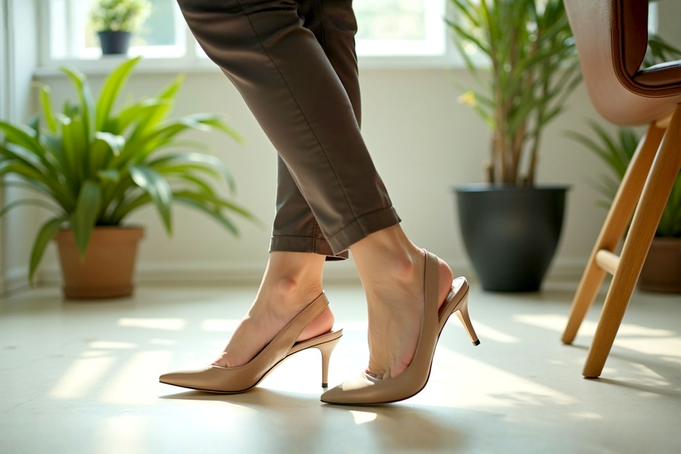 Lifelike professional photography of a stylish woman in a modern, well-lit office environment, wearing a chic business casual outfit (e.g., tailored trousers and a silk blouse) and elegant, neutral-toned closed-toe slingback heels. The focus should be on the shoes, showcasing their design, the open back, and the closed toe, with a hint of comfort and professionalism. Soft summer light, sharp focus, inviting atmosphere.