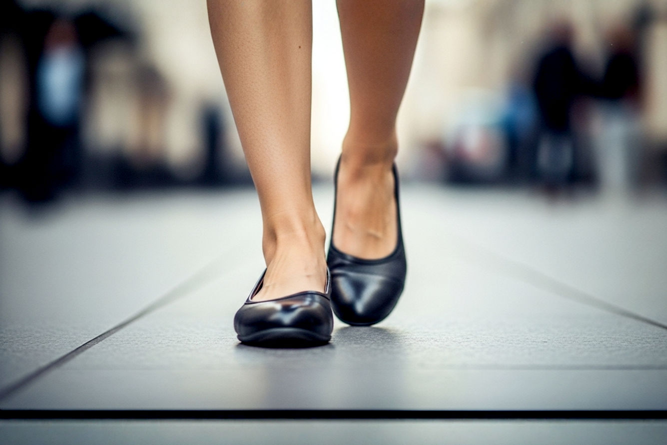 A close-up, lifelike professional photograph of a stylish woman's feet comfortably walking on a city street, wearing elegant, dark-colored flat dress shoes. The shoes should subtly showcase features like a well-cushioned sole and a comfortable toe box, implying ergonomic design. The lighting is soft and natural, emphasizing the texture of the shoes and the relaxed posture of the feet. The background is slightly blurred, suggesting movement and a busy urban environment, but without distracting from the shoes. The overall mood should convey effortless style and ultimate comfort.
