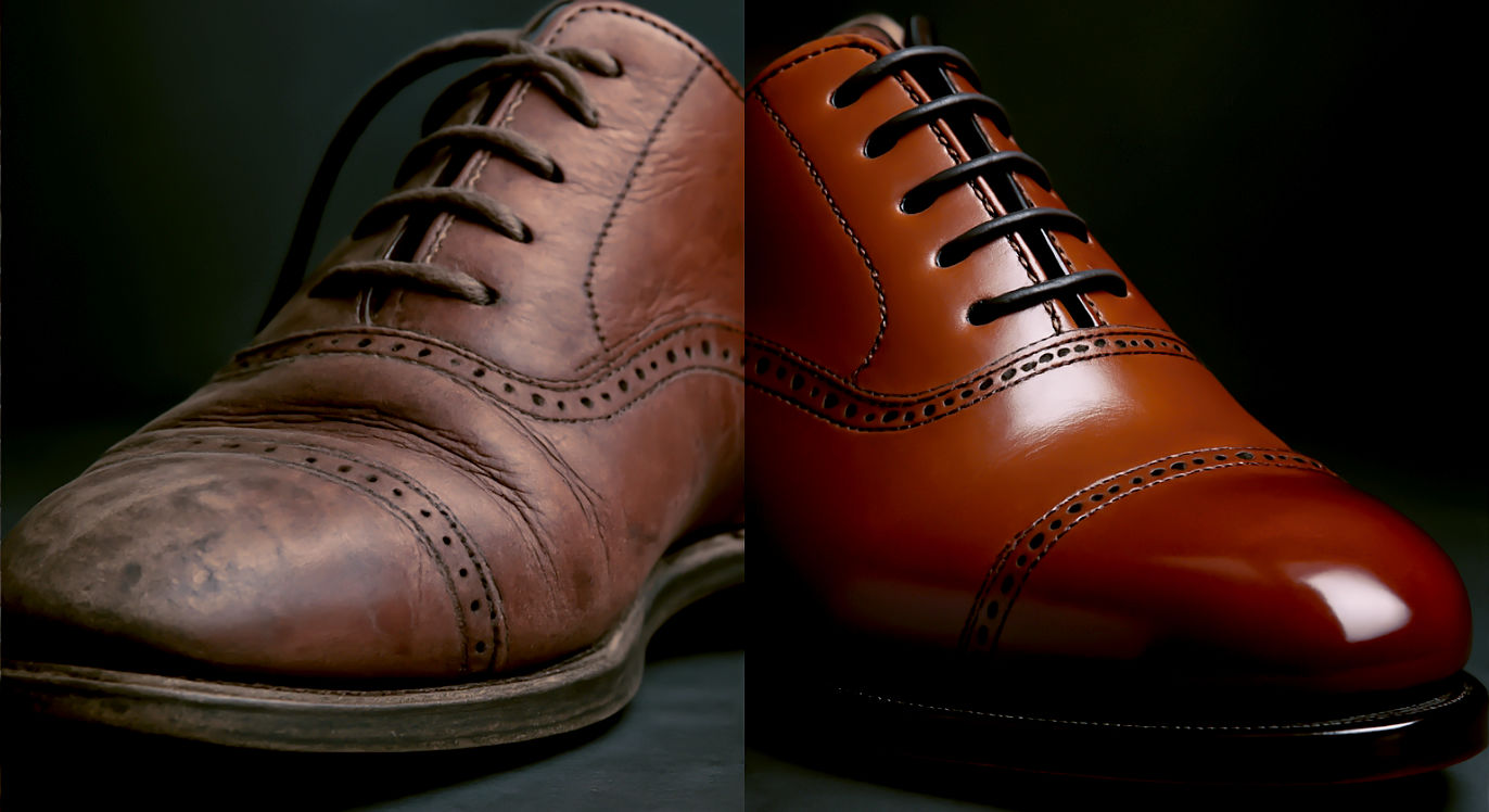A dramatic, close-up, low-angle 'before and after' style shot, split into two. The left side shows a tan Oxford shoe that is scuffed, dusty, and has deep, dry creases; the leather looks dull and uncared for. The right side shows the exact same shoe but meticulously restored: perfectly polished, conditioned, with a rich, high shine, and laced neatly. The background is a simple, dark, neutral grey to emphasize the condition of the shoes. This visual directly contrasts a well-maintained investment with a neglected one. Hyper-realistic, commercial product photography, 8K, sharp focus.