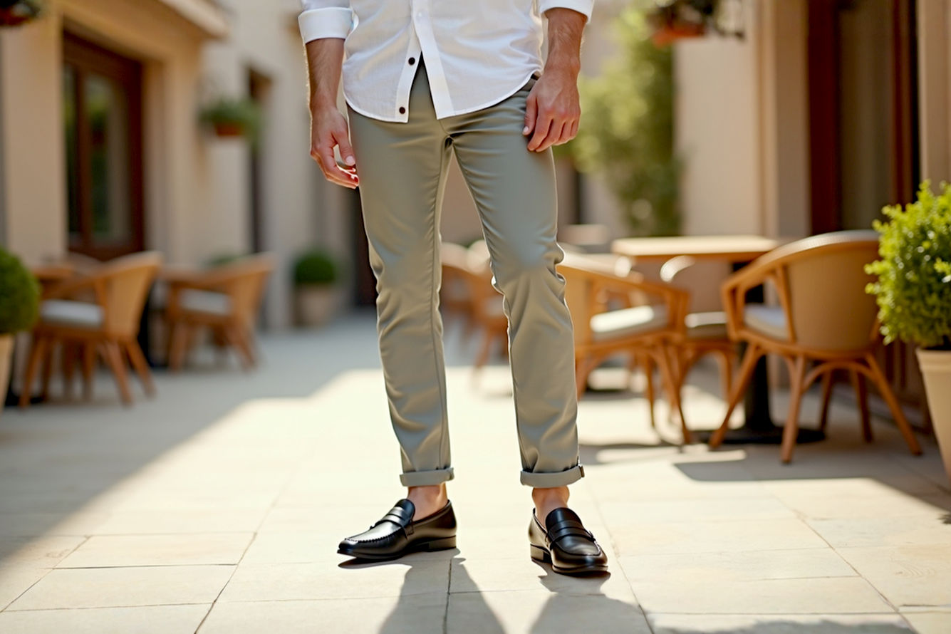 A confident, stylish man in his late 20s to early 30s stands casually, showing his exposed ankles above sleek black leather penny loafers. He's wearing perfectly tailored, slim-fit light grey or navy chinos with a crisp, untucked white linen shirt. The setting is a sunlit, sophisticated urban patio or a chic cafe with blurred background elements. The overall feel is relaxed but refined. Lifelike professional photography, warm lighting, shallow depth of field.