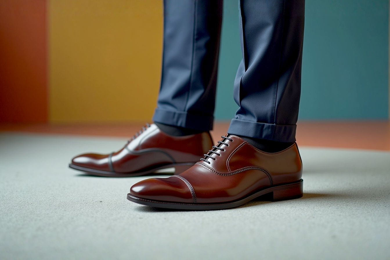 Professional photography style, high-resolution image of a stylish man's lower body (torso not fully visible, focus on legs and shoes) wearing impeccably polished dark brown leather Oxford shoes, paired with tailored navy trousers. The man is standing confidently on a subtle, textured floor. Lighting is soft and even, highlighting the rich hue of the leather and the fabric texture. The scene suggests a refined, classic, and versatile style suitable for business or smart casual settings. Clean, elegant aesthetic with natural colors. Rule of thirds composition, slightly angled. Soft depth of field.