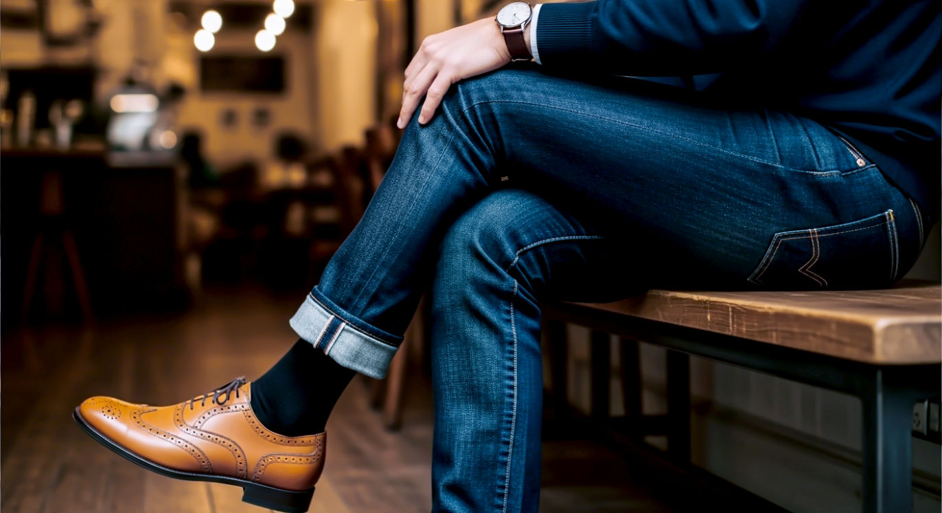 A relaxed, eye-level, medium shot of a man sitting on a rustic wooden bench in a stylish, independent coffee shop. The focus is on the lower half of his body. He is wearing a pair of dark-wash, slim-fit selvedge denim jeans, neatly cuffed once to perfectly graze the top of his shoes. The shoes are tan wingtip Oxford brogues, adding a sharp, sophisticated twist to the casual denim. One hand, wearing a simple leather-strap watch, rests on his knee. The background is warm and inviting, with soft indoor lighting and the blurred texture of the coffee shop interior. The mood is effortless, stylish, and approachable. Hyper-realistic, lifestyle photography, shallow depth of field.