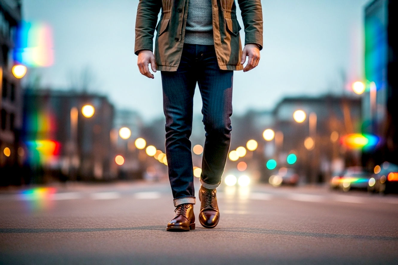 Lifelike professional photography of a stylish man, mid-30s, confidently walking on an urban street at dusk, wearing a pair of classic dark brown leather cap-toe derby boots. He's dressed in smart-casual attire: dark wash selvedge jeans, a fitted grey knit sweater, and a tasteful dark olive green field jacket. The boots are clean and polished, clearly visible as they step forward. The background features blurred city lights and warm streetlamp glow, suggesting movement and a sophisticated, contemporary vibe. Focus on the boots and the overall sharp, confident posture. High resolution, dynamic composition, warm lighting.