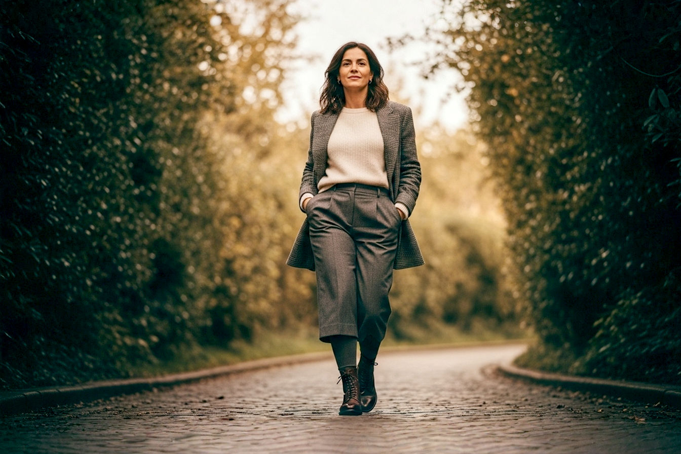 Pro photography style, lifelike, full body shot of a diverse woman (around 30-40 years old) with a confident and stylish expression, walking purposefully down a charming, slightly cobblestone street or urban pathway. She is wearing a pair of classic, well-crafted Derby boots (visible in detail, maybe brown or black polished leather) with a smart-casual autumn/winter outfit. The outfit should include tailored trousers or a midi skirt and a chic sweater or blazer, creating an 'effortless style' vibe. The lighting is soft, natural, and warm, with a shallow depth of field to keep the focus on her and the boots. High resolution, vibrant colors, realistic textures.