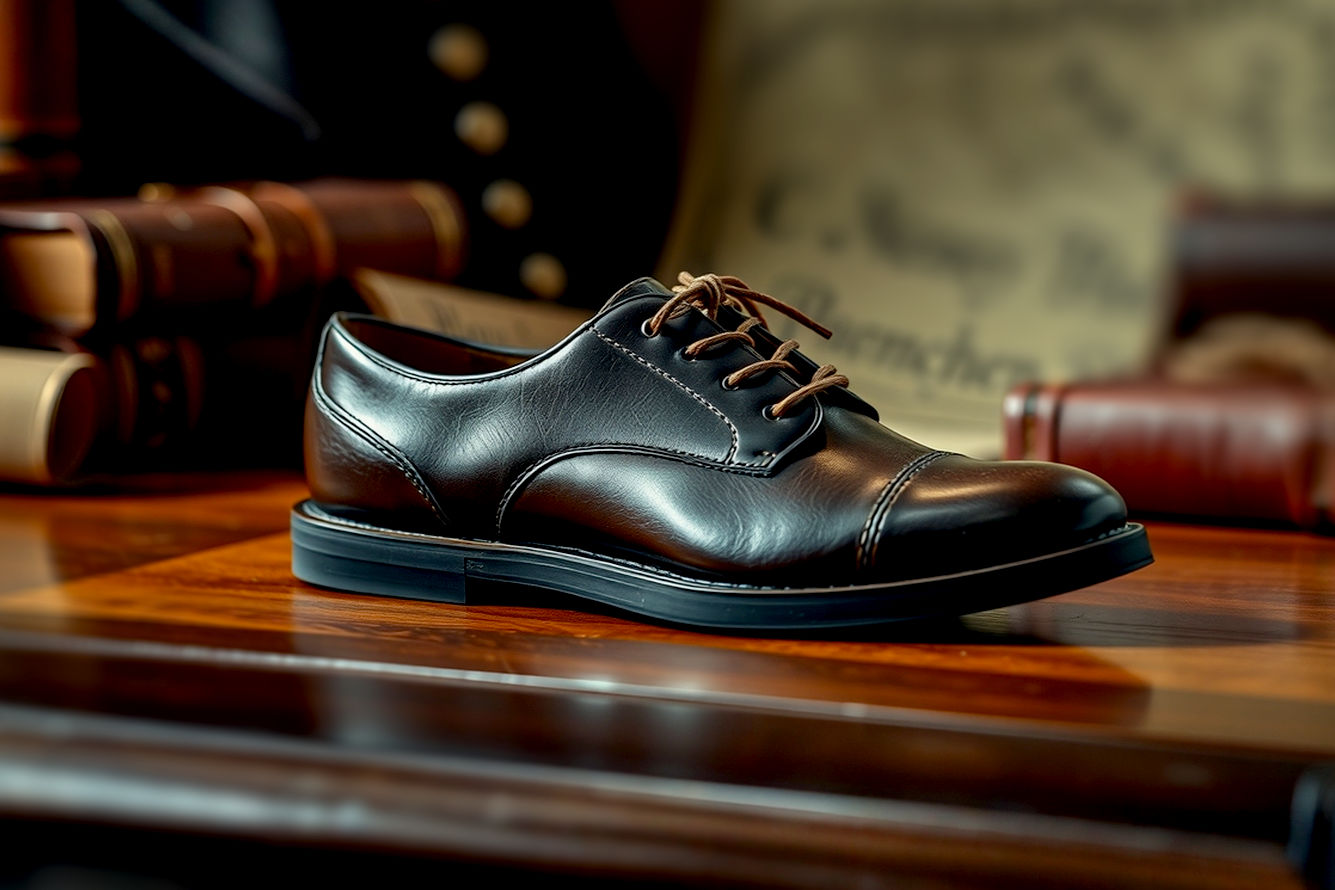 Pro photography style, lifelike, highly detailed, slightly desaturated, natural light. A pair of classic dark brown leather Derby shoes with an open lacing system are elegantly placed on a vintage polished wooden surface. In the background, subtly blurred, are historical elements suggesting its origin: perhaps a faded map, a hint of old military epaulettes, or a leather-bound book titled 'Blucher' or 'Derby'. The focus is sharply on the shoes' craftsmanship and texture, highlighting the open lacing. The overall mood is sophisticated, historical, and subtly masculine.