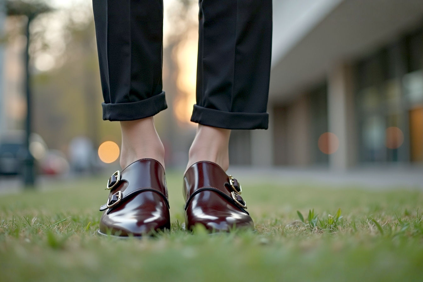 Professional fashion photography, high-resolution, full-body shot of a confident woman with a chic, modern hairstyle. She is wearing a well-tailored business casual outfit, possibly slim-fit tailored trousers or a midi skirt, paired with stylish dark brown polished leather double buckle monk strap shoes. The woman stands in an urban setting, perhaps against a blurred background of a modern building or a tasteful street. The focus is on the shoes and how they complement her sophisticated yet edgy attire. The lighting is soft and natural, emphasizing textures. Lifelike pro photography style, vogue aesthetic.