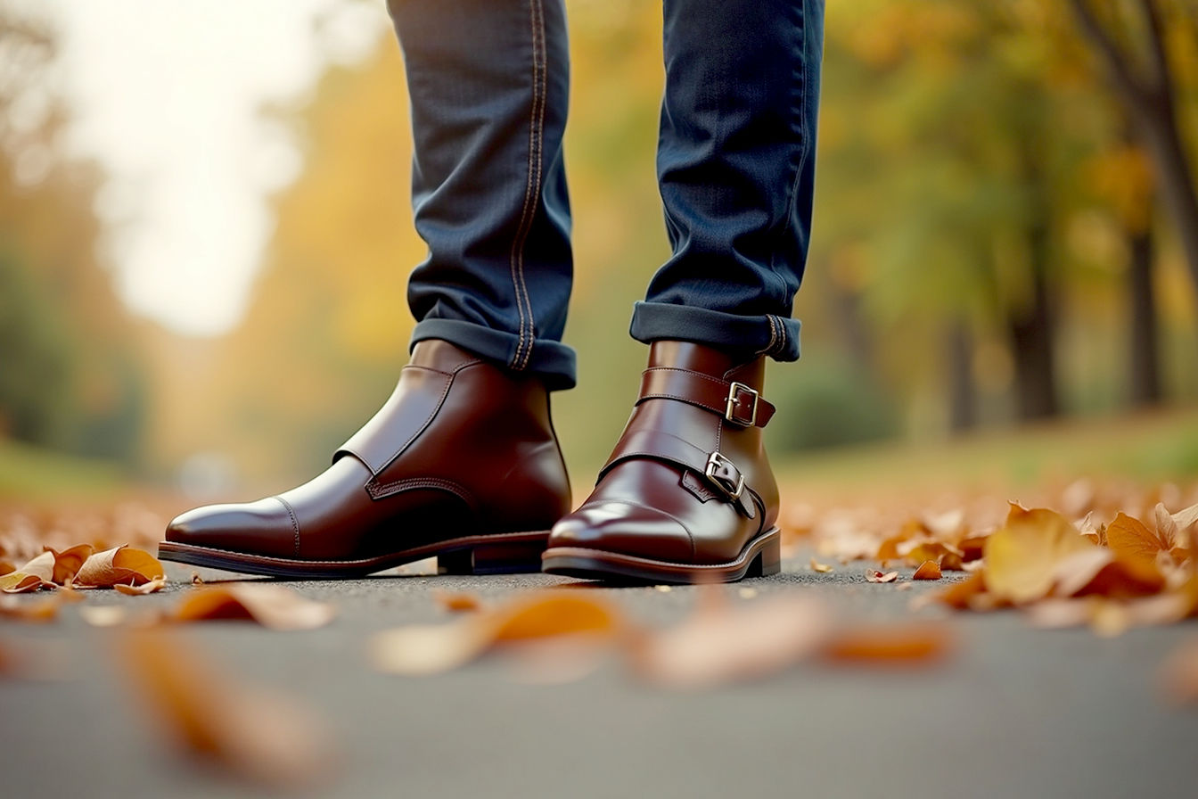A stylish, lifelike professional photograph of a man wearing dark brown leather double monk strap boots. The image should subtly convey the transition through seasons. Perhaps the man is standing on a path with hints of autumn leaves, but with a background that suggests a broader, year-round applicability (e.g., a mix of green foliage and a clear sky). The focus should be on the boots and the lower part of the outfit (trousers/jeans), showcasing their elegance and versatility. Lighting should be natural and inviting, with a soft depth of field. High-resolution, pro photography style.