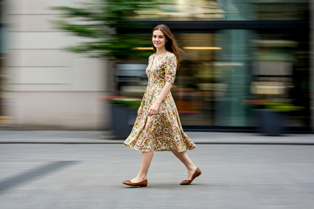 Pro photography style, lifelike image of a young woman confidently walking down a city street, wearing a stylish midi floral dress paired with elegant, comfortable flat shoes (e.g., pointed-toe ballet flats or sleek loafers). She is smiling subtly, embodying comfort and chic. The background is a slightly blurred, modern urban setting with natural light, emphasizing a fashion editorial feel. Full body shot, vibrant colors, sharp focus on the woman and her outfit.
