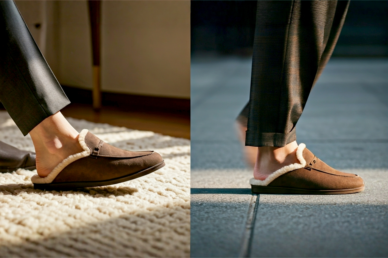 A striking, high-fashion photograph capturing the indoor vs. outdoor fur mule debate. The image is split down the middle. On the left, a foot wearing a chic, dark brown shearling mule rests on a plush, cream-colored wool rug inside a cozy, well-lit home. On the right, the other foot in a matching mule is stepping onto a clean, slate-gray city sidewalk. The lighting is warm and soft, like the golden hour. The focus is sharp on the texture of the fur and the sole's edge, with a shallow depth of field blurring the background. The person's ankle and the cuff of their tailored trousers are visible, suggesting a stylish, modern aesthetic. The overall mood is sophisticated and contemplative.
