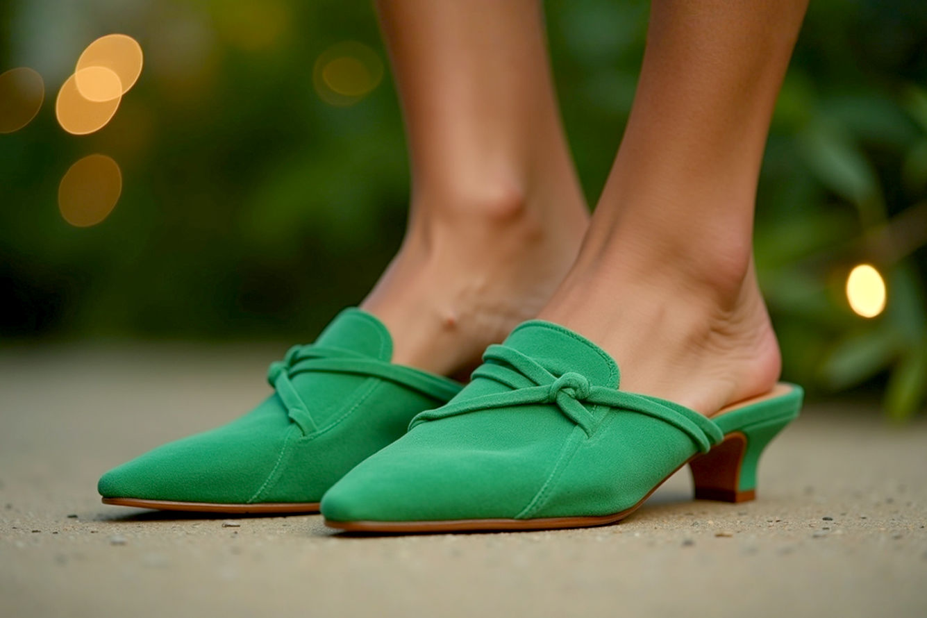 Ultra-realistic, professional photography of a stylish woman wearing vibrant green mules. The setting should subtly suggest a blend of nature and urban sophistication, perhaps with blurred greenery in the background and soft, natural light highlighting the shoes. The green mules should be the focal point, showcasing their texture and design. The overall mood should be optimistic, chic, and subtly luxurious. Pro-photography style, high resolution, sharp focus on the shoes, subtle depth of field, natural skin tones, no harsh shadows, lifelike.
