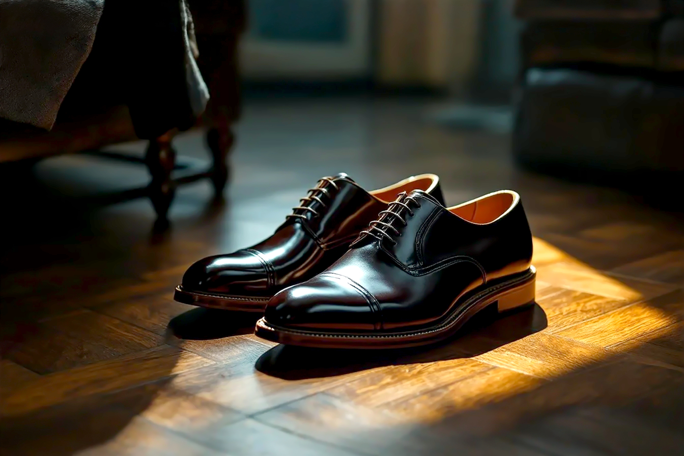 Create Professional product photography of a pair of classic, highly polished dark brown leather cap-toe Oxford shoes. The shoes are placed elegantly on a rich, dark herringbone wood floor. To the side, a corner of a dark leather Chesterfield armchair is visible, with a wool suit trouser leg draped nearby. The lighting is warm and dramatic, coming from a low-angle window, creating long, soft shadows and highlighting the rich texture of the full-grain leather and the sharp details of the stitching. The background is softly out of focus (shallow depth of field), creating a sophisticated and luxurious mood. Cinematic, high-detail, warm tones.