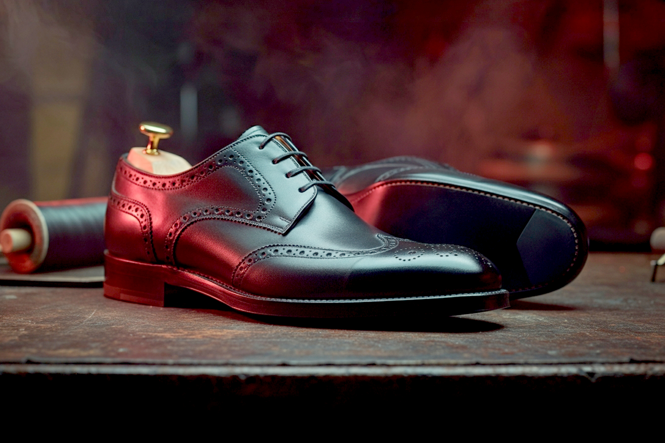 Pro photography, lifelike, macro shot of a pair of brand new, high-end black leather full-brogue Oxford shoes. One shoe is standing, the other is lying on its side on a dark, rustic wooden worktable. Dramatic, warm side lighting highlights the rich texture of the full-grain leather, the clean perforations of the broguing on the wingtip, and the fine stitching along the Goodyear welt. The background is softly blurred, showing hints of vintage shoemaking tools. The overall mood is sophisticated, timeless, and focused on craftsmanship.