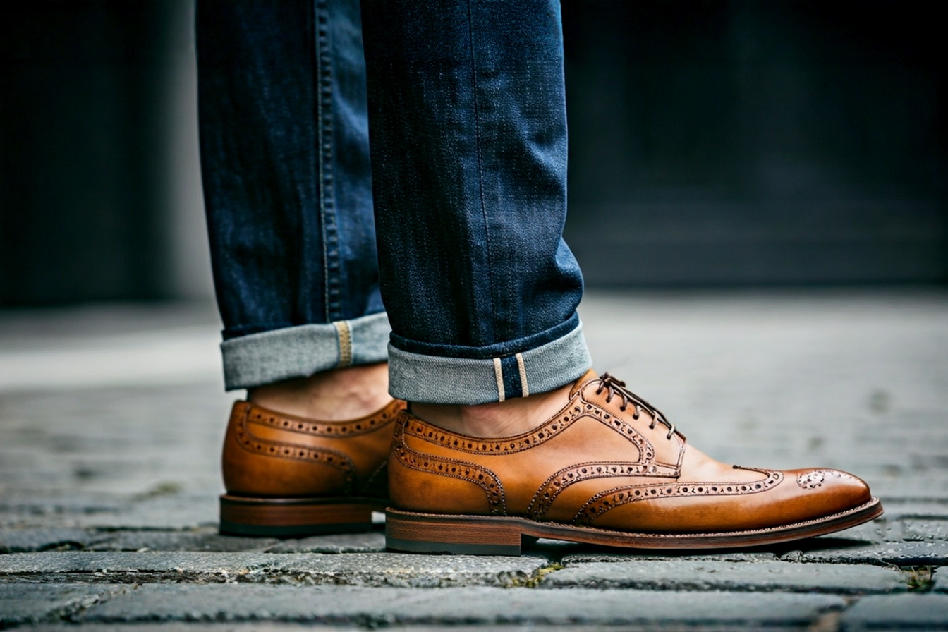 A stylish man from the waist down, standing on a cobblestone street. He is wearing perfectly fitted dark indigo selvedge denim jeans with a crisp 1-inch cuff, revealing a pair of classic tan leather wingtip brogues. The lighting is warm and golden, like late afternoon sun, highlighting the rich texture of the leather and the denim. The background is slightly blurred, focusing all attention on the shoe and jean combination. Professional, lifelike photography, sharp focus, fashion editorial style.