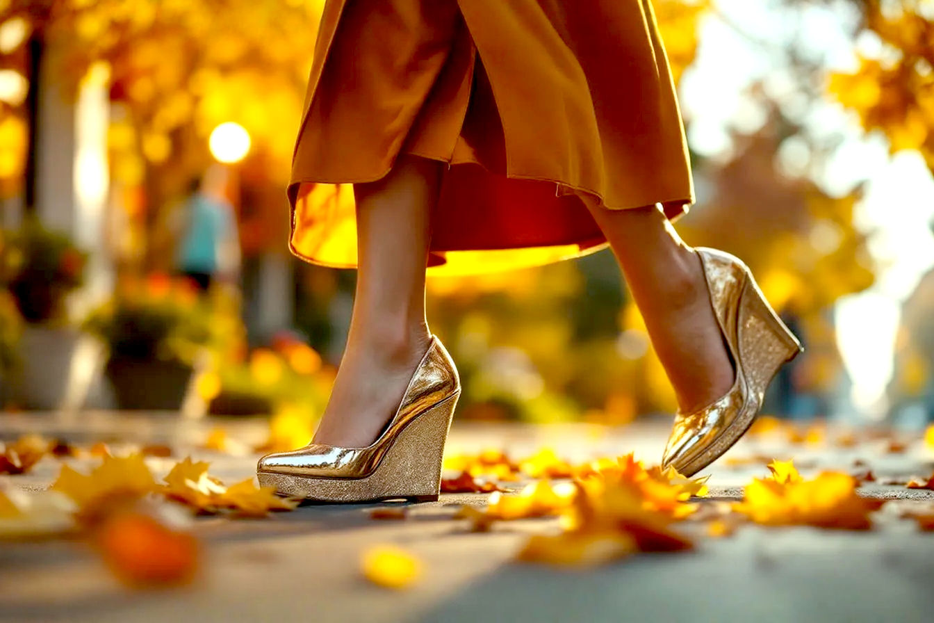 Pro photography style, vibrant and dynamic image of a woman confidently walking through a city street, showcasing different seasonal outfits (e.g., one side summer dress, other side fall coat) paired with elegant gold wedge shoes. The shoes should be the focal point, glistening slightly. Background subtly blurs, suggesting different seasons (e.g., blooming flowers on one side, autumn leaves on the other). Lifelike, golden hour lighting, high fashion editorial quality.