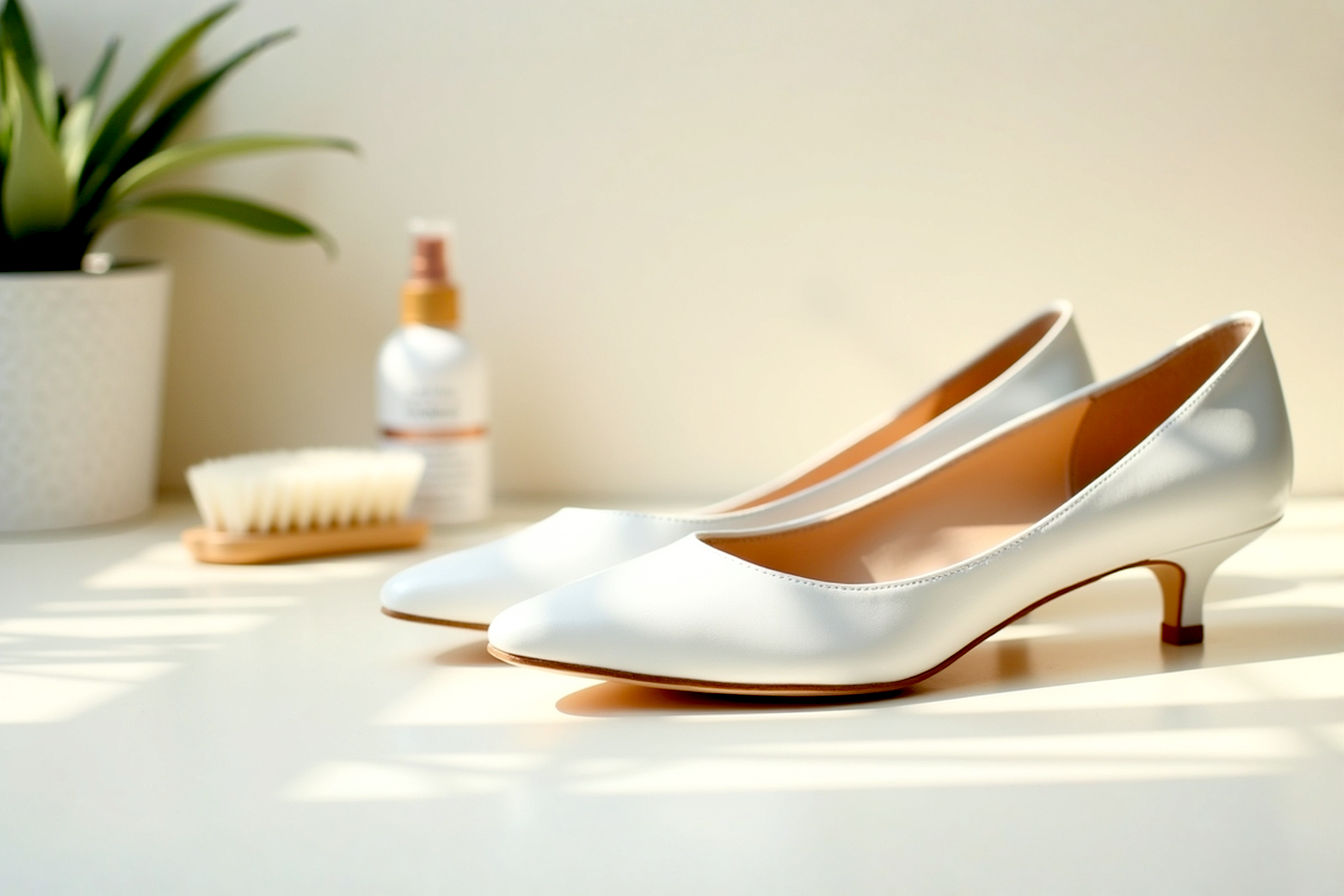 A close-up, lifelike professional photograph featuring a pair of pristine white kitten heel shoes on a clean, light-colored surface. One shoe has a soft, glowing halo of light around it, symbolizing cleanliness and perfection. A few gentle cleaning tools (like a soft white brush, a small microfiber cloth, and a subtle bottle of shoe protector spray, not branded) are artfully blurred in the background, hinting at the care process without being the main focus. The overall mood is bright, elegant, and reassuring, emphasizing the "perfectly clean" aspect. Natural, soft lighting.