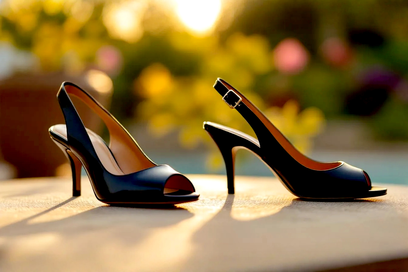 Pro photography style image showcasing two elegant black kitten heel shoes, one a peep toe and one a slingback, positioned side-by-side on a warm-toned, slightly textured surface. The background should be softly blurred, evoking a sophisticated summer event setting like a garden party or a rooftop terrace at golden hour. Focus on the delicate details of the shoes, with natural light highlighting their texture and shape.