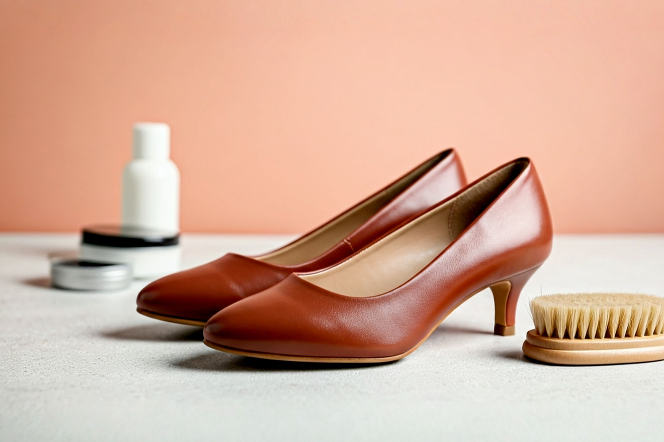 A vibrant, lifelike professional studio photograph of a pair of exquisitely maintained, polished dark brown leather kitten heels. The heels are placed elegantly on a clean, light-colored surface (e.g., polished concrete or light wood) with soft, diffused lighting highlighting their smooth texture and delicate silhouette. In the background, subtly blurred, are a few high-quality leather care products (e.g., a small brush, a conditioner jar, a polish tin) suggesting the care process. The image should convey a sense of timeless elegance, quality, and meticulous upkeep, with a sharp focus on the shoes themselves.