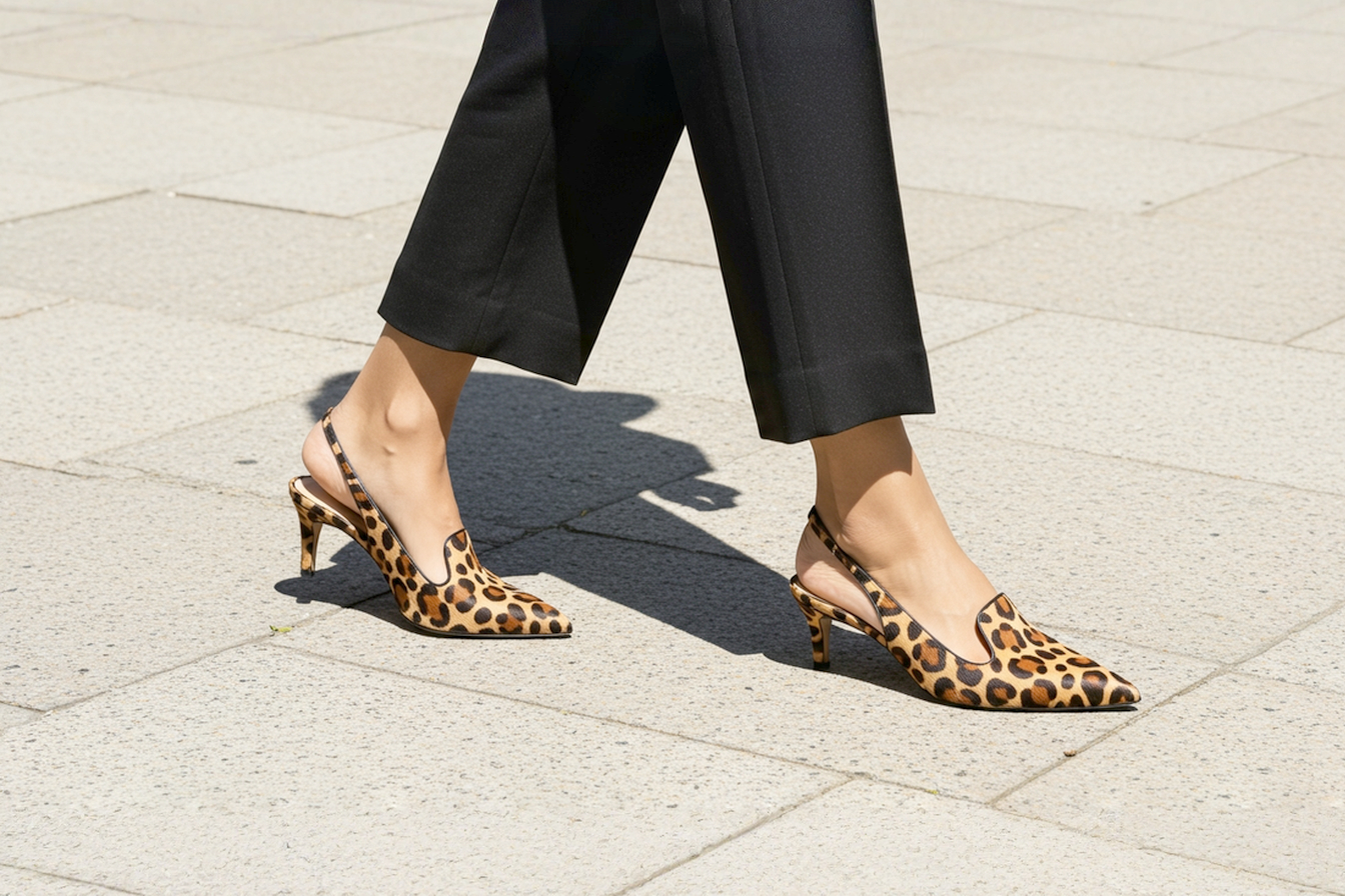 A lifelike, professional fashion photograph from the waist down of a woman walking on a chic, neutral-toned city sidewalk. She is wearing classic, well-fitting cropped black tailored trousers and elegant leopard print calf-hair slingback shoes with a kitten heel. The focus is sharp on the shoes, showcasing the rich texture of the print. The lighting is soft and natural, suggesting an early morning or late afternoon golden hour. The overall mood is sophisticated, modern, and effortlessly stylish.