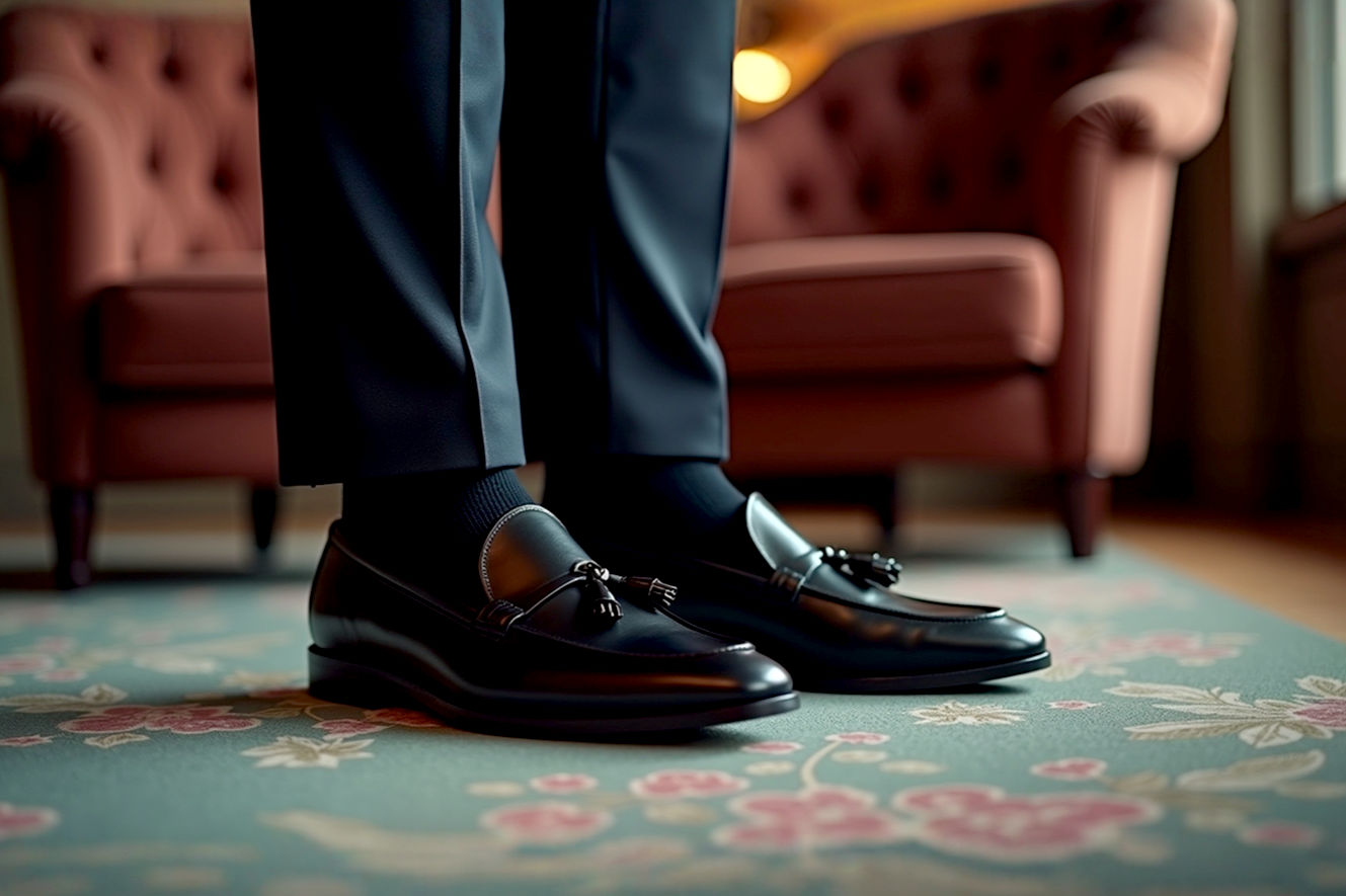 Professional, high-resolution photography of a well-dressed man, mid-shot, subtly showcasing classic black polished leather tassel loafers paired with a tailored dark navy suit and dark dress socks. The setting is refined and elegant, like a dimly lit sophisticated lounge or a grand office with soft, intentional lighting highlighting the texture of the suit and the shine of the loafers. The focus is on the lower half of the man, emphasizing the footwear and trouser break. Lifelike, cinematic, sharp focus, shallow depth of field, natural skin tones, professional fashion photography.