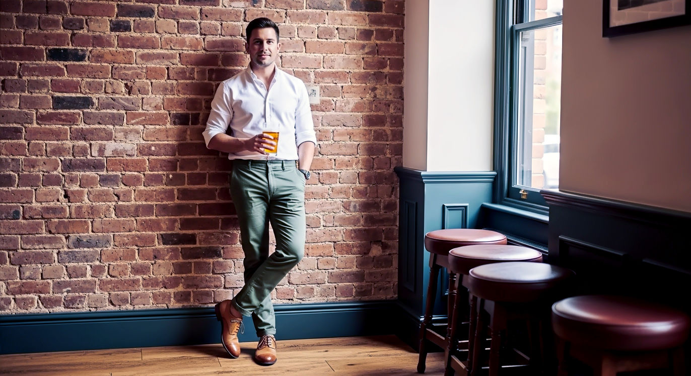 A relaxed, eye-level, full-length shot of a man leaning against an exposed brick wall in a bright, modern-classic pub. He's the epitome of smart casual: wearing well-fitted olive green chinos, a crisp white button-down shirt (sleeves casually rolled), and a pair of polished, tan cap-toe Oxfords. The shoes perfectly 'bridge the gap,' looking polished yet approachable. He's smiling slightly, holding a glass. The natural light from a window illuminates the warm tones of the leather and the texture of the brick. Hyper-realistic, lifestyle photography, shallow depth of field, conveying effortless style.
