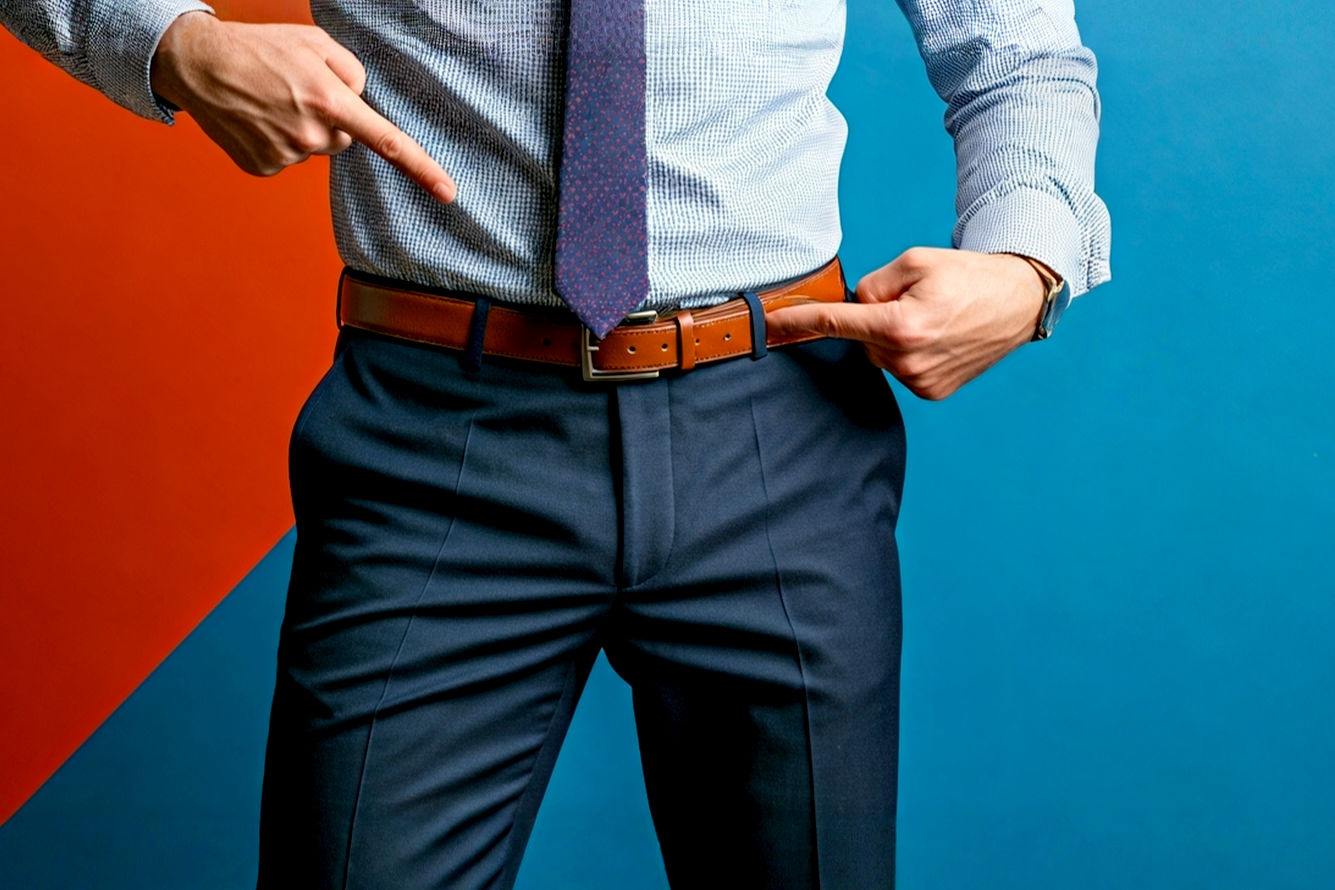 Professional high-quality photography image: A stylish man confidently demonstrating the perfect match between his brown leather loafers and his belt. He holds his belt buckle with one hand, subtly drawing attention to it, while pointing towards his matching loafers on his feet, with the other. A wry, knowing smile plays on his lips, indicating his understanding and confidence in his style. The lighting is soft and natural, highlighting the rich tones and textures of the leather. His tailored trousers (navy or charcoal) are visible, completing a polished ensemble. Lifelike, pro photography style.
