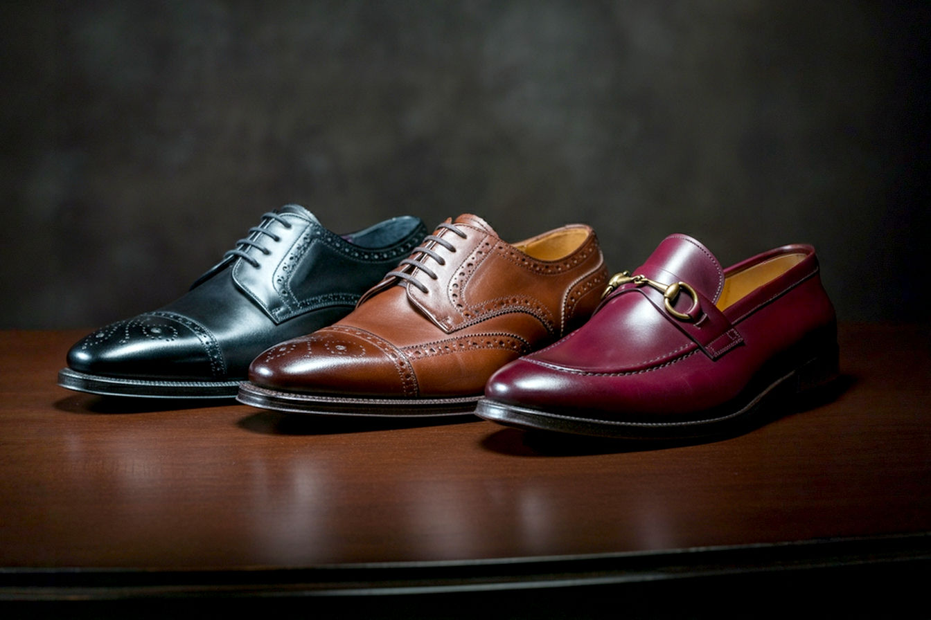 Close-up, eye-level professional studio shot of three distinct, impeccably polished men's flat formal shoes arranged elegantly on a dark, luxurious wooden surface. From left to right: a classic black cap-toe Oxford, a rich dark brown brogued Derby, and a sophisticated burgundy horsebit loafer. Each shoe should be sharply in focus, highlighting the leather grain, stitching details, and subtle sheen. Soft, diffused lighting accentuates their forms and textures, creating a sense of timeless elegance. The background is subtly blurred to emphasize the shoes. High dynamic range, professional photography, realistic, warm tones, exquisite craftsmanship, minimal aesthetic.