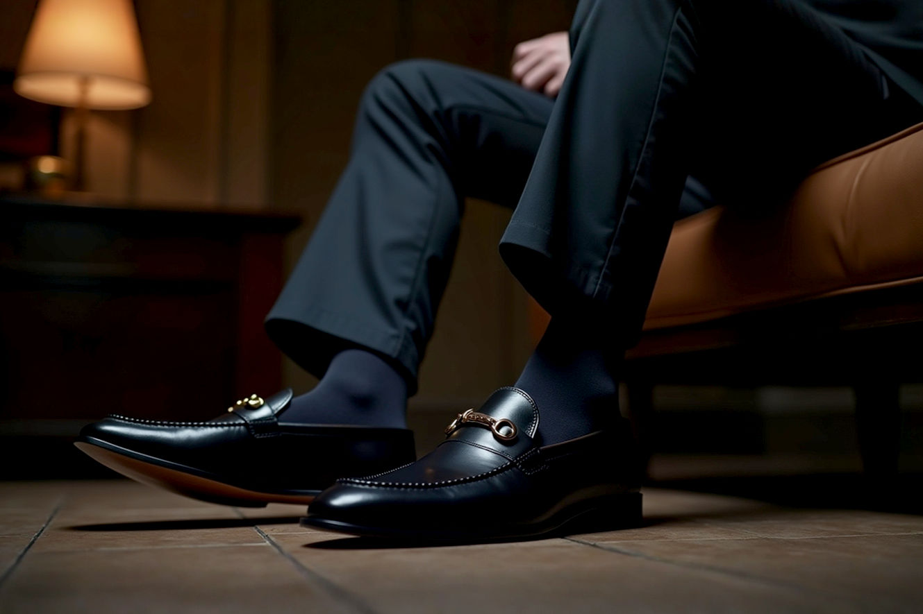 High-resolution, lifelike professional photography of a stylish man wearing a dark, well-tailored suit. He is seated elegantly, showcasing a pair of impeccably polished black leather horsebit loafers, with subtle no-show socks or just a glimpse of ankle. The background is a sophisticated, dimly lit interior, like a high-end lounge or classic study, with soft, warm lighting accentuating the texture of the suit and the shine of the shoes. The image should convey confidence, elegance, and modern sophistication.