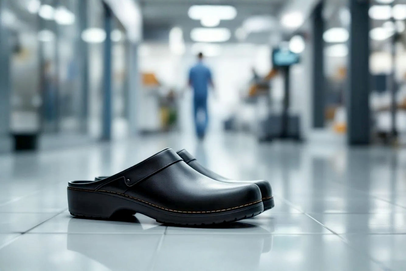 Lifelike professional photography of a pair of well-worn but well-maintained men's black leather work clog mules, positioned on a clean, subtly reflective tiled floor in a professional setting like a hospital corridor or a modern kitchen. The lighting should be soft but clear, highlighting the texture of the leather and the tread of the sole. The background should be slightly blurred to keep focus on the clogs, perhaps with a hint of activity suggesting a busy work environment. The image should convey durability, comfort, and a professional aesthetic, with a neutral and clean color palette.