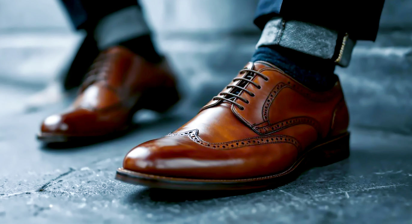 A cinematic, eye-level, close-up product shot of a pair of classic tan Oxford shoes, resting on a textured grey concrete or slate surface. The shoes are the hero, perfectly polished, with the rich, warm, full-grain tan leather catching a soft, directional studio light from the side, highlighting the meticulous stitching on the cap toe and the closed lacing system. In the soft-focus background (bokeh), a man's crossed legs are barely visible, one wearing dark navy tailored trousers and the other dark-wash denim, visually representing the shoe's core versatility. The mood is sophisticated, timeless, and aspirational. Hyper-realistic, 8K, commercial photography style.