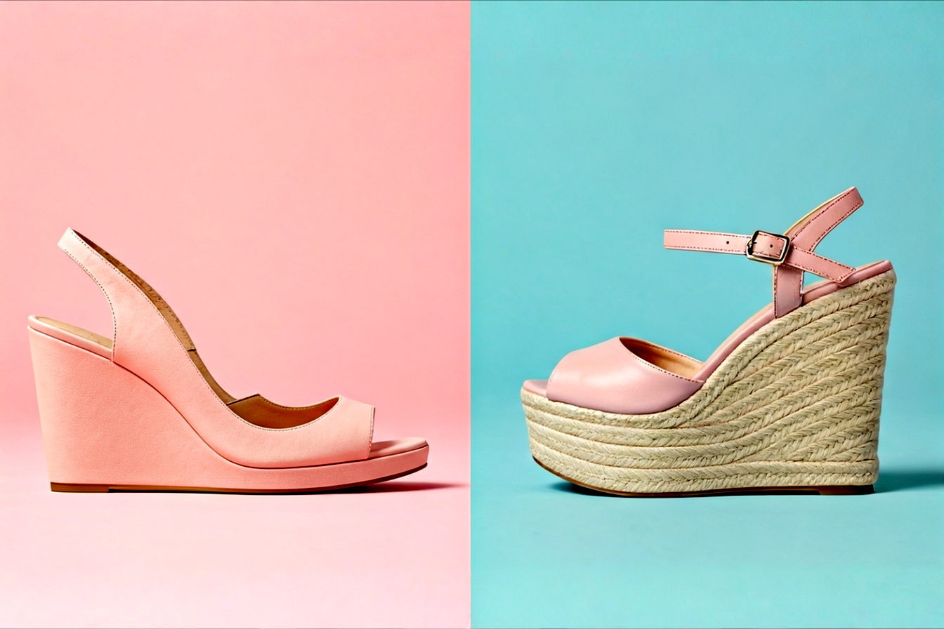 split-screen fashion photo, showing low vs high wedge sandals