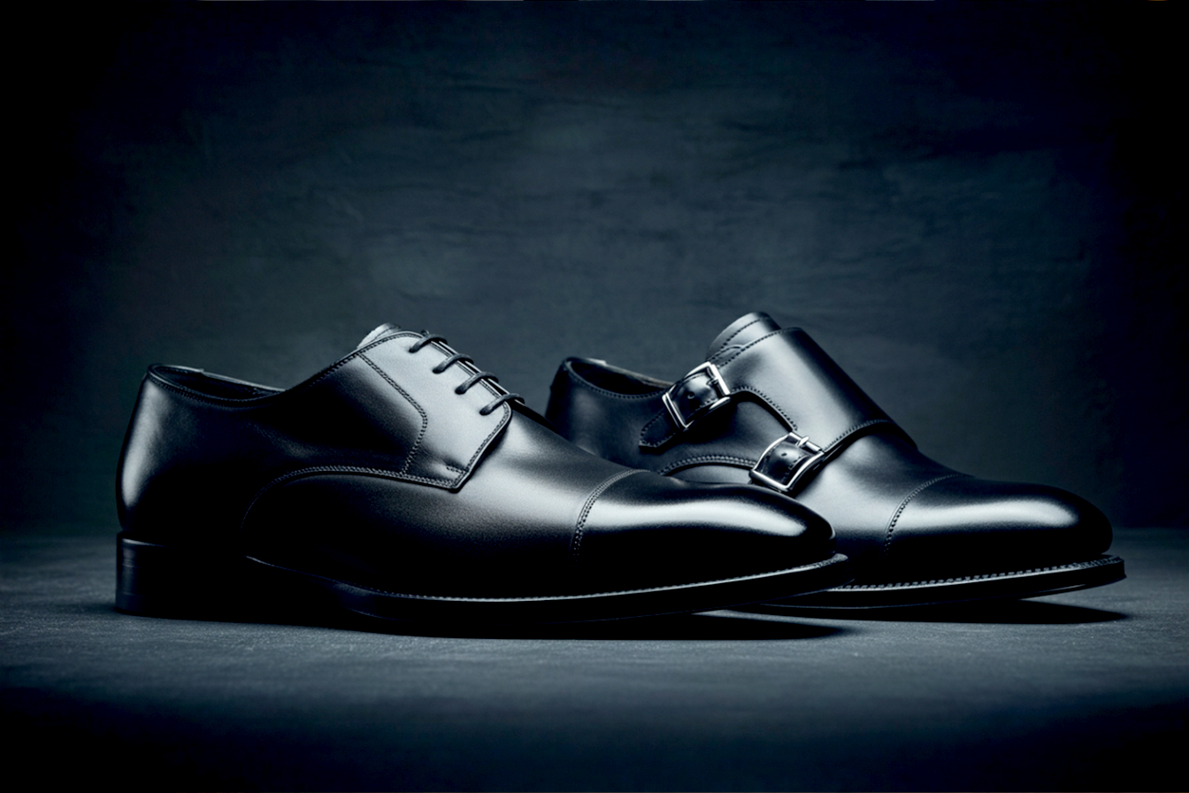 Ultra-realistic, professional product photography of two men's dress shoes contrasted. On the left, a gleaming black leather cap-toe Oxford. On the right, a sleek black leather double monk strap shoe. The shoes are perfectly aligned on a dark, textured slate background. Use dramatic, high-end studio lighting with soft shadows to highlight the rich texture of the full-grain leather and the shine of the silver buckles. Razor-sharp focus on the defining features: the closed lacing of the Oxford versus the bold straps of the monk shoe. A sophisticated, masculine, and luxurious aesthetic.