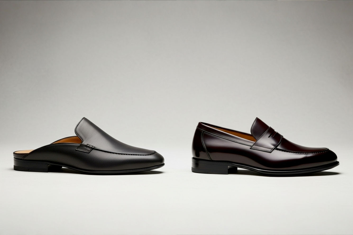 High-quality, lifelike professional studio photograph of two distinct men's leather shoes side-by-side on a minimalist, textured backdrop. On the left, a sleek, dark brown or black men's leather mule slipper, showcasing its backless design and soft leather. On the right, a classic, polished dark brown or burgundy penny loafer, highlighting its structured, closed-heel form. The lighting should be soft and even, emphasizing the textures and craftsmanship of both shoes. The composition should be clean and balanced, with a shallow depth of field. Use natural light or studio lighting that mimics natural light. Pro photography style, 8K, high detail.