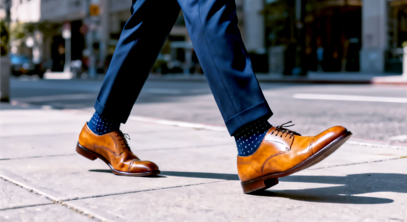 A dynamic, full-length, street-style fashion shot of a man walking confidently. The camera is at a low angle, focusing on his stride. He is wearing perfectly tailored, modern-fit navy blue suit trousers with a sharp crease and no break, revealing a sliver of a subtle navy patterned sock. His feet are shod in immaculate, polished tan cap-toe Oxfords, which create a striking, sophisticated contrast. The pavement is a clean, urban sidewalk, and the background is a blurred cityscape. The lighting is bright morning sun, creating crisp shadows. The image captures motion, power, and modern professionalism. Hyper-realistic, magazine editorial style.
