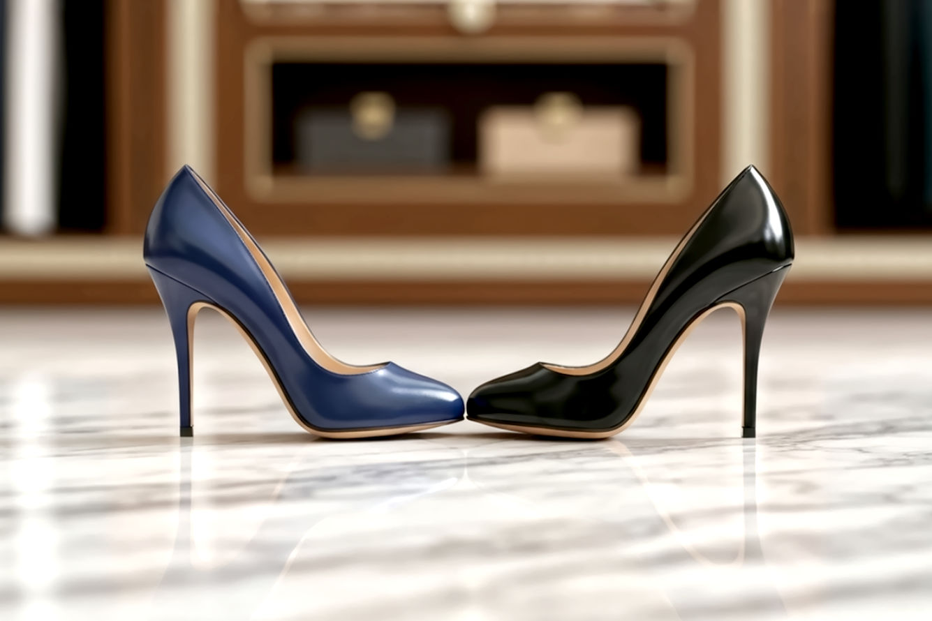 Lifelike, pro photography style image of two distinct, elegant stiletto heels standing upright on a polished marble surface. One stiletto is a deep, rich navy blue, and the other is a classic, glossy black. The lighting is soft and sophisticated, creating subtle reflections on the heels and floor. The background is blurred slightly, hinting at a luxurious wardrobe or fashion boutique. The image should convey timeless elegance and a sense of choice, emphasizing the distinct characteristics of each shoe while highlighting their inherent sophistication. Focus on sharp detail for the shoes themselves, with a shallow depth of field. Natural, warm tones.