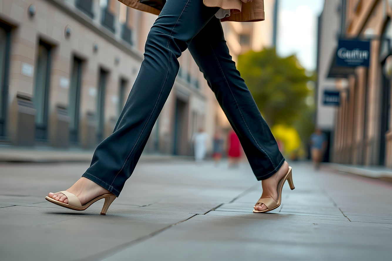 Professional fashion photography, high-resolution, lifelike. A stylish woman, walking confidently, showcases skintone heeled mules. Her outfit is modern chic, perhaps dark wash straight-leg jeans with a crisp white shirt and a tailored blazer. The lighting is soft, natural, and flattering. Focus on the shoes and the lower half of the outfit, showing the leg-lengthening effect. Dynamic pose, blurred background of a sophisticated urban street. No visible brand logos. Photography style: candid street style, editorial quality.