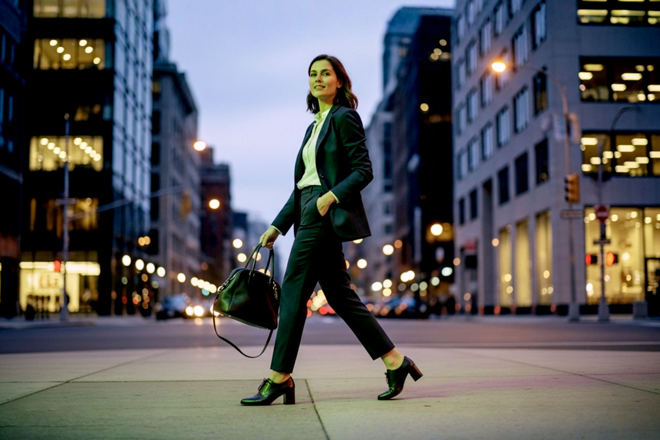 A professional, lifelike photograph featuring a stylish woman in her late 20s to early 30s confidently walking on a bustling city street at dusk. She is elegantly dressed in a chic, tailored pantsuit (navy or charcoal grey), perfectly paired with sophisticated black or deep brown block-heeled Oxford heels. Her posture is confident and poised. One hand gracefully holds a sleek, structured leather handbag, while the other is casually tucked into her pants pocket. The background should artfully blend modern office buildings with the soft, inviting glow of evening lights, subtly hinting at the transition from a workday to a night out. The lighting should capture the warm, golden hour glow giving way to the gentle ambiance of city lights. The overall image should convey a strong sense of sophistication, versatility, and self-assured confidence.
